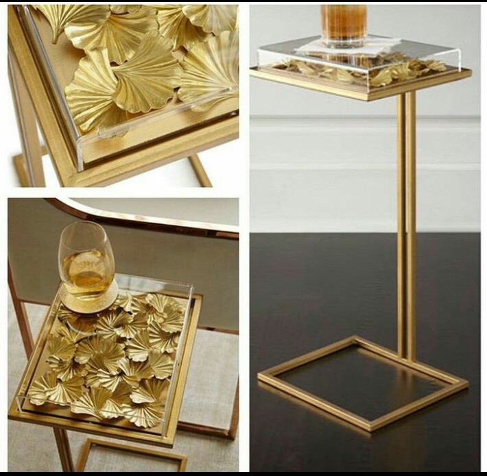 Gold Ginkgo Leaf Glass Top Side Table AH-144 Moradabad